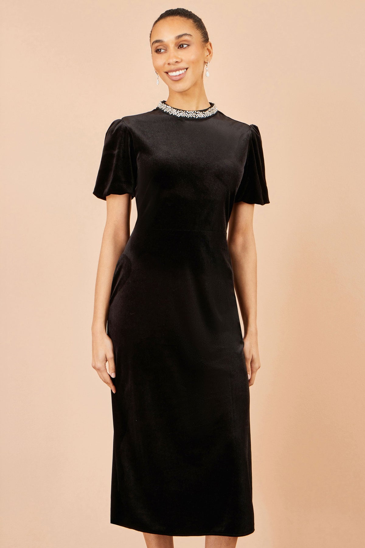 Yumi Black Velvet Embellised Neckline Midi Dress