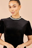 Yumi Black Velvet Embellised Neckline Midi Dress