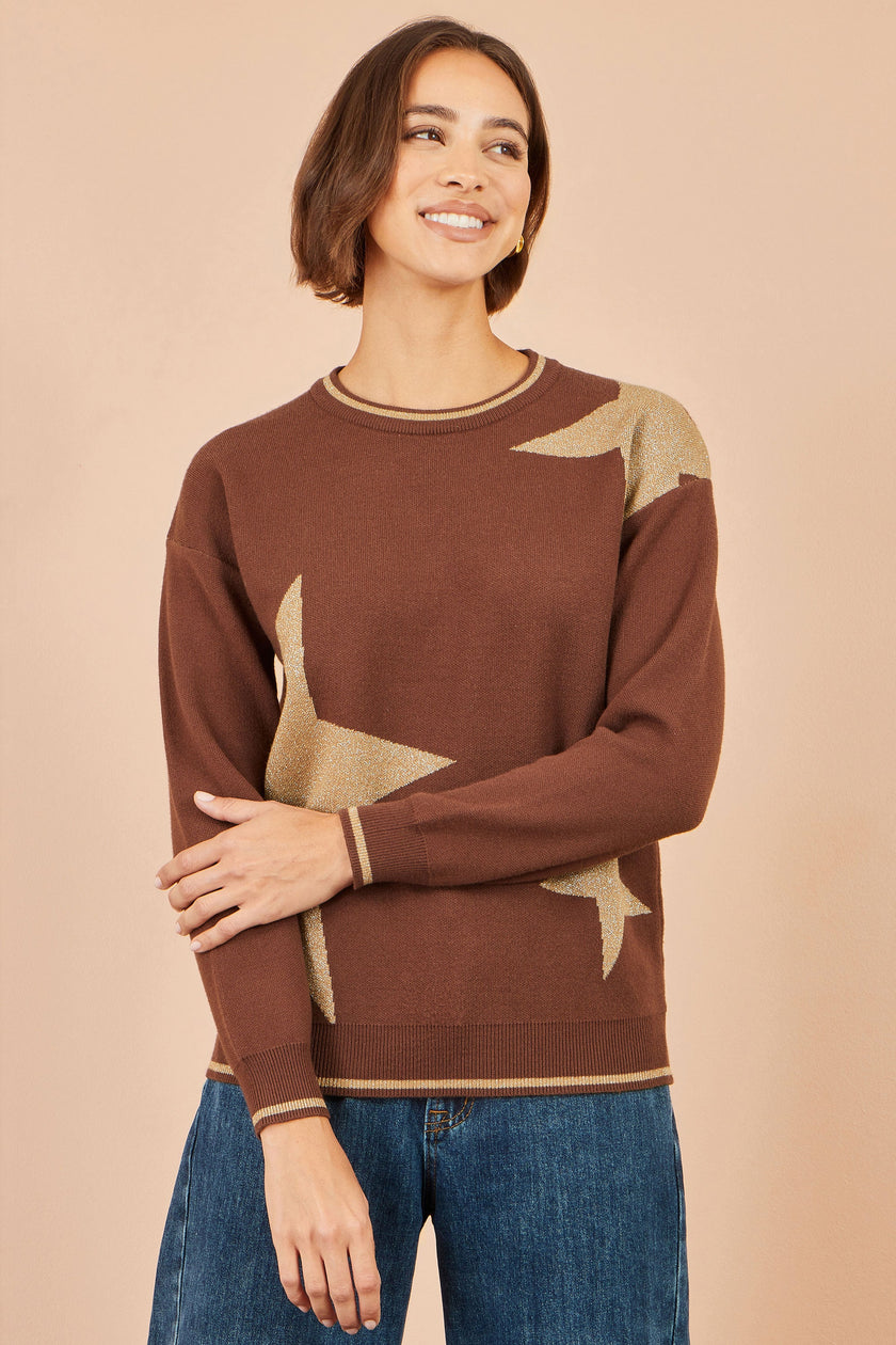 Yumi Brown Viscose Star Relaxed Jumper With Sparkle