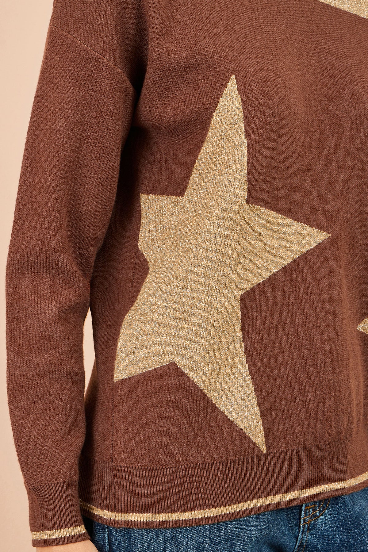Yumi Brown Viscose Star Relaxed Jumper With Sparkle