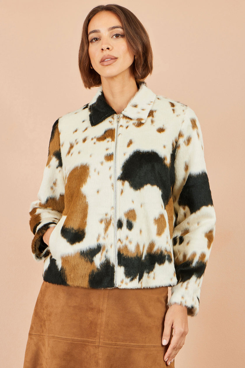 Yumi Brown Cow Print Faux Fur Zip Jacket