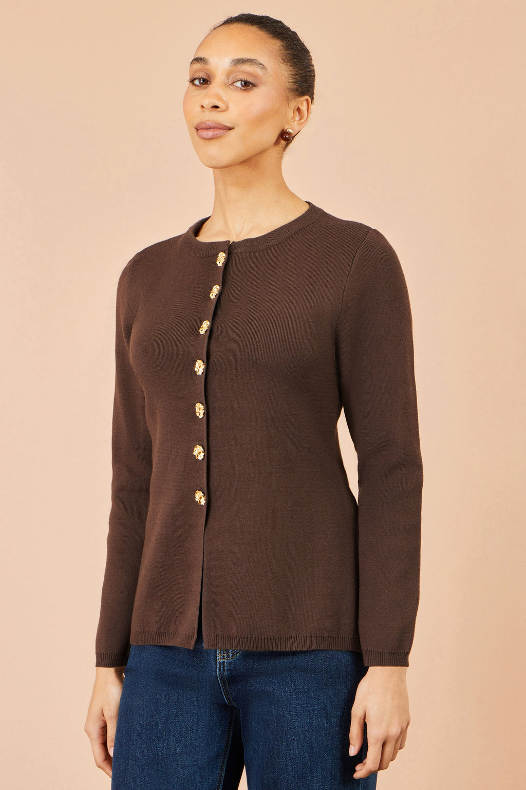 Yumi Brown Knitted Fitted Peplum Cardigan