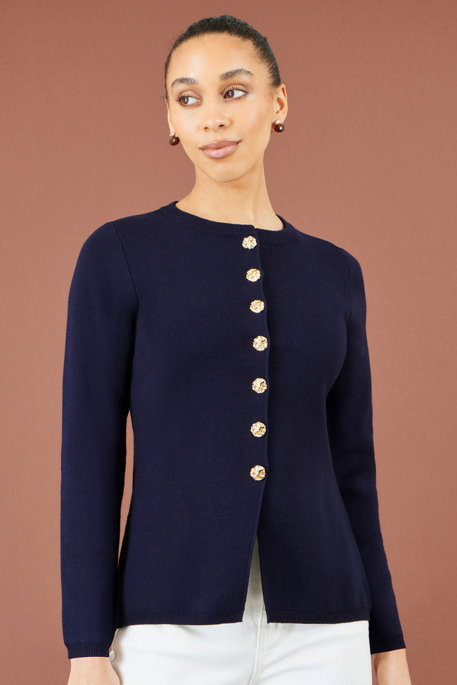 Yumi Navy Knitted Fitted Peplum Cardigan