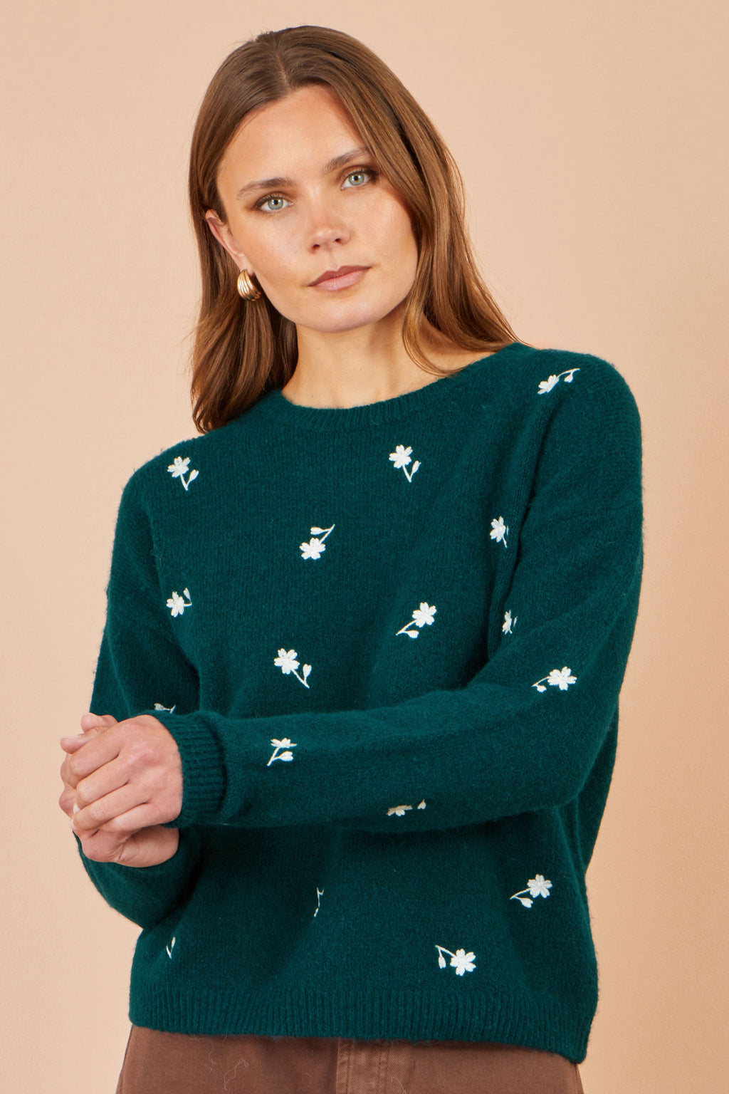 Yumi Green Daisy Embroidered Relaxed Jumper