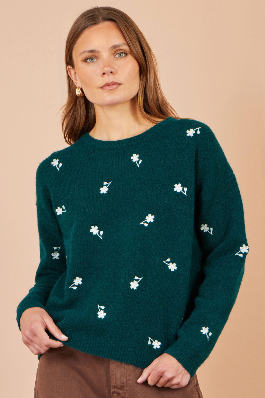 Yumi Green Daisy Embroidered Relaxed Jumper