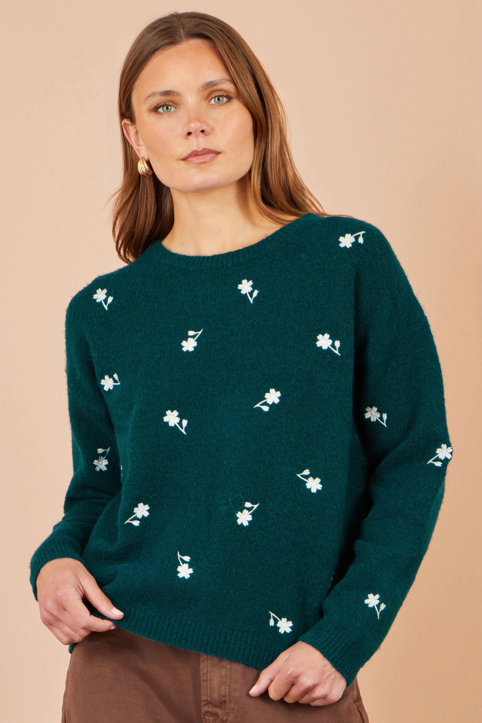 Yumi Green Daisy Embroidered Relaxed Jumper