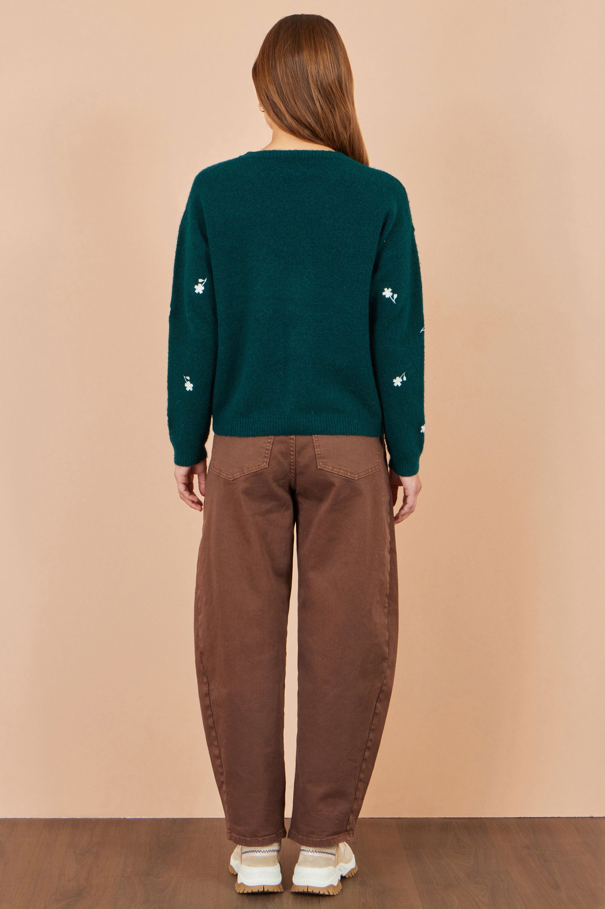 Yumi Green Daisy Embroidered Relaxed Jumper
