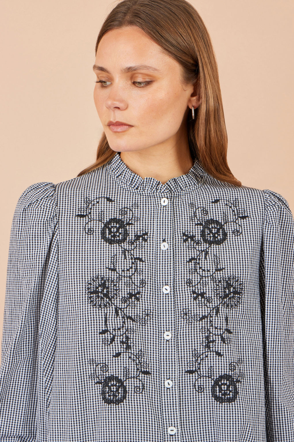 Yumi Black Cotton Gingham Embroidered Shirt