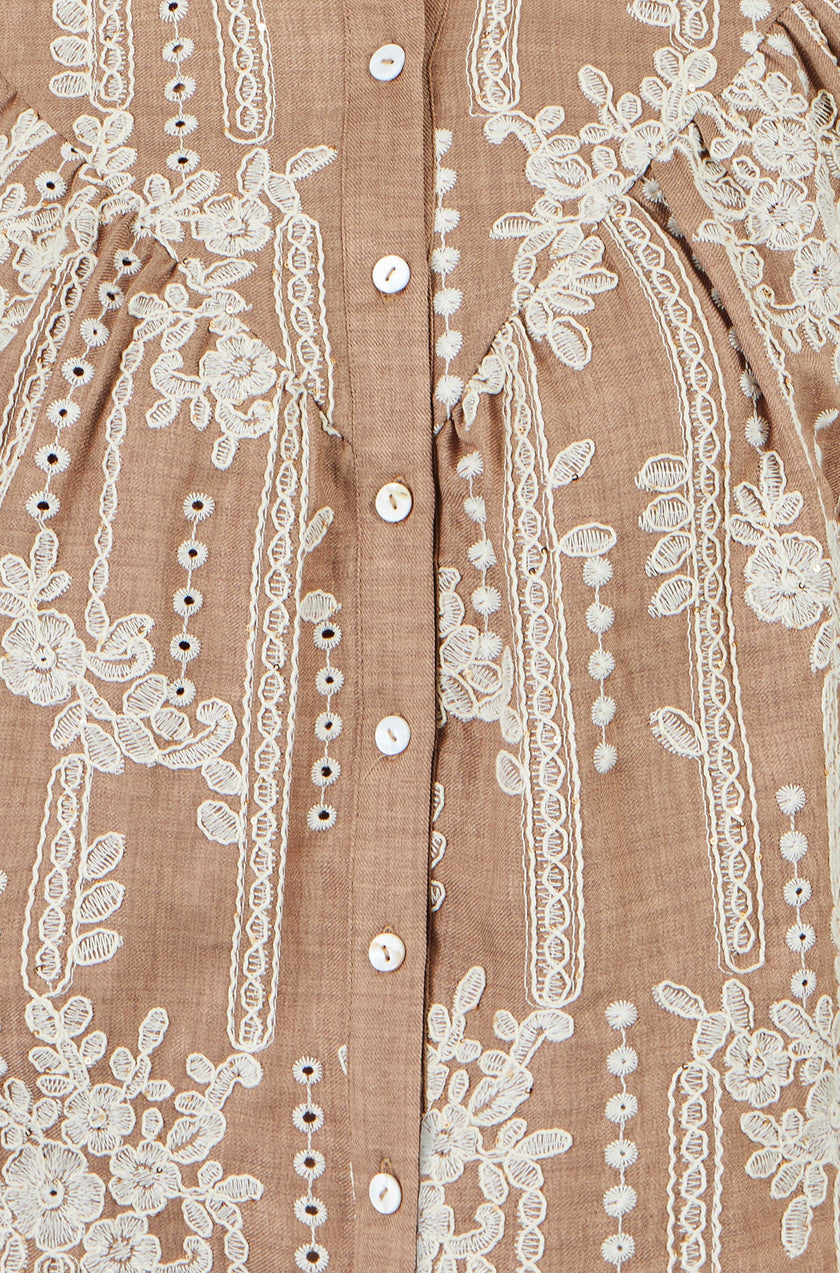 Yumi Brown Embroidered Floral Relaxed Shirt