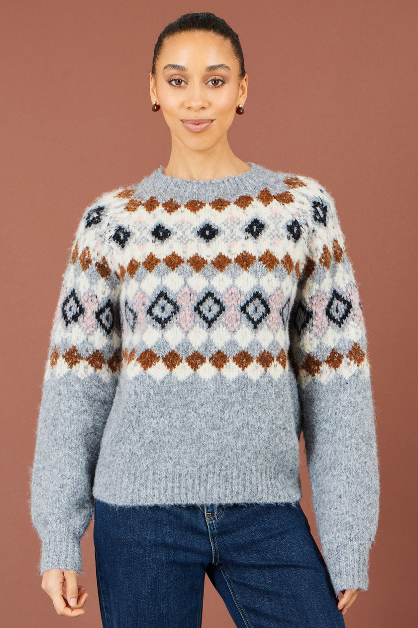 Yumi Grey Fairisle Wool Blend Relaxed Jumper