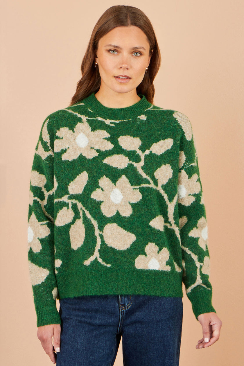 Yumi Green Floral Intarsia Relaxed Fit Jumper