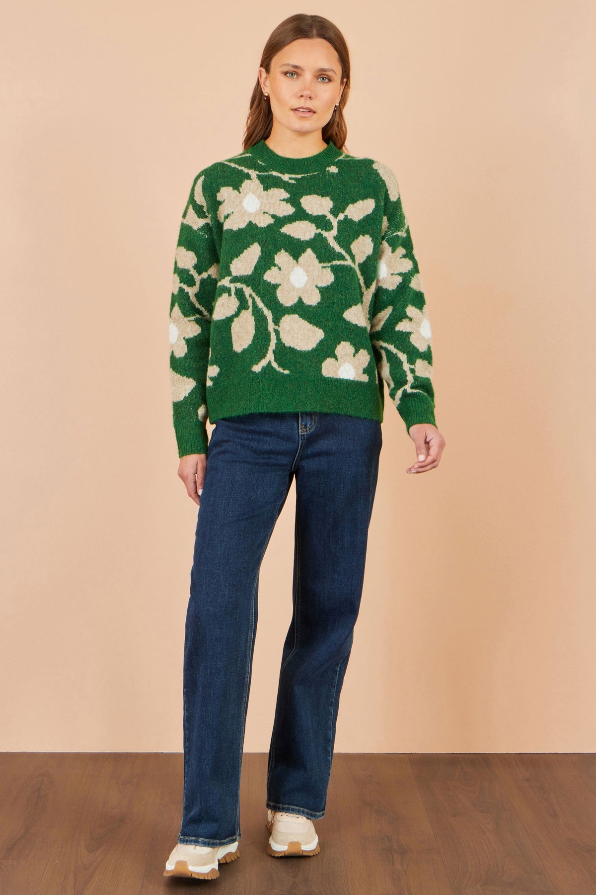 Yumi Green Floral Intarsia Relaxed Fit Jumper