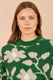 Yumi Green Floral Intarsia Relaxed Fit Jumper