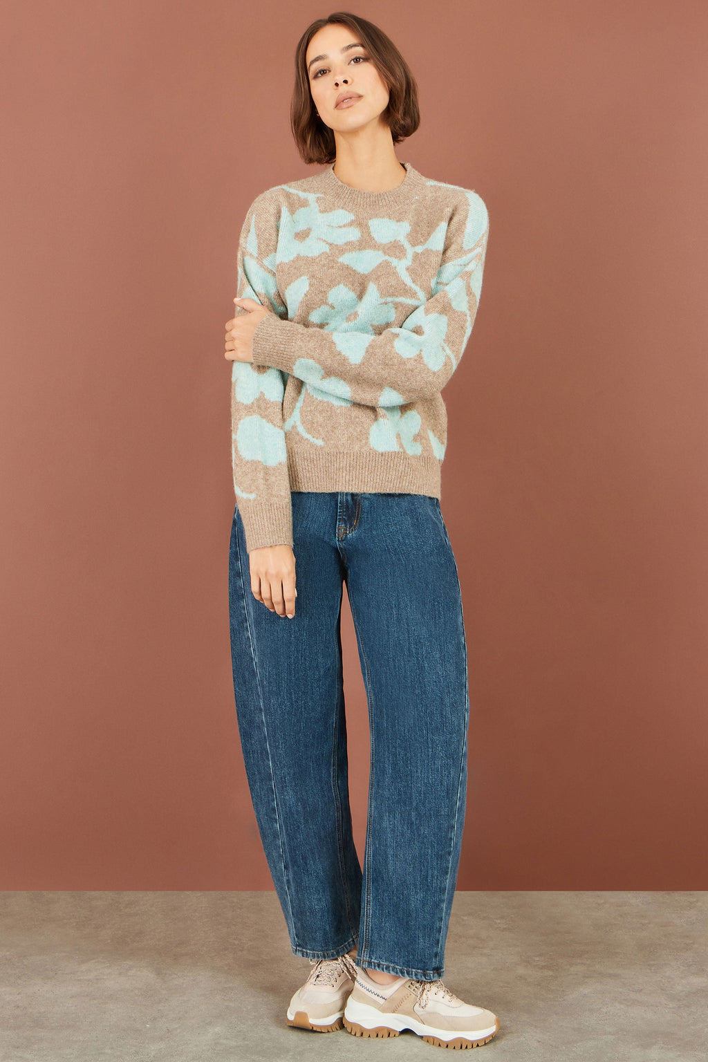 Yumi Brown Floral Intarsia Relaxed Fit Jumper