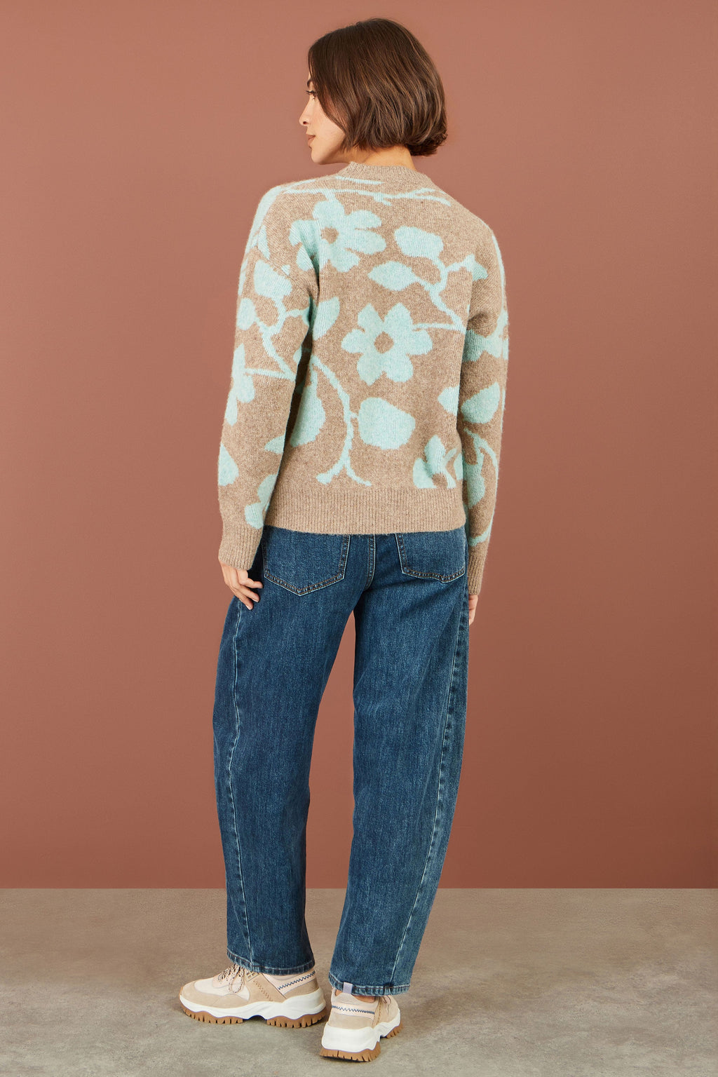 Yumi Brown Floral Intarsia Relaxed Fit Jumper