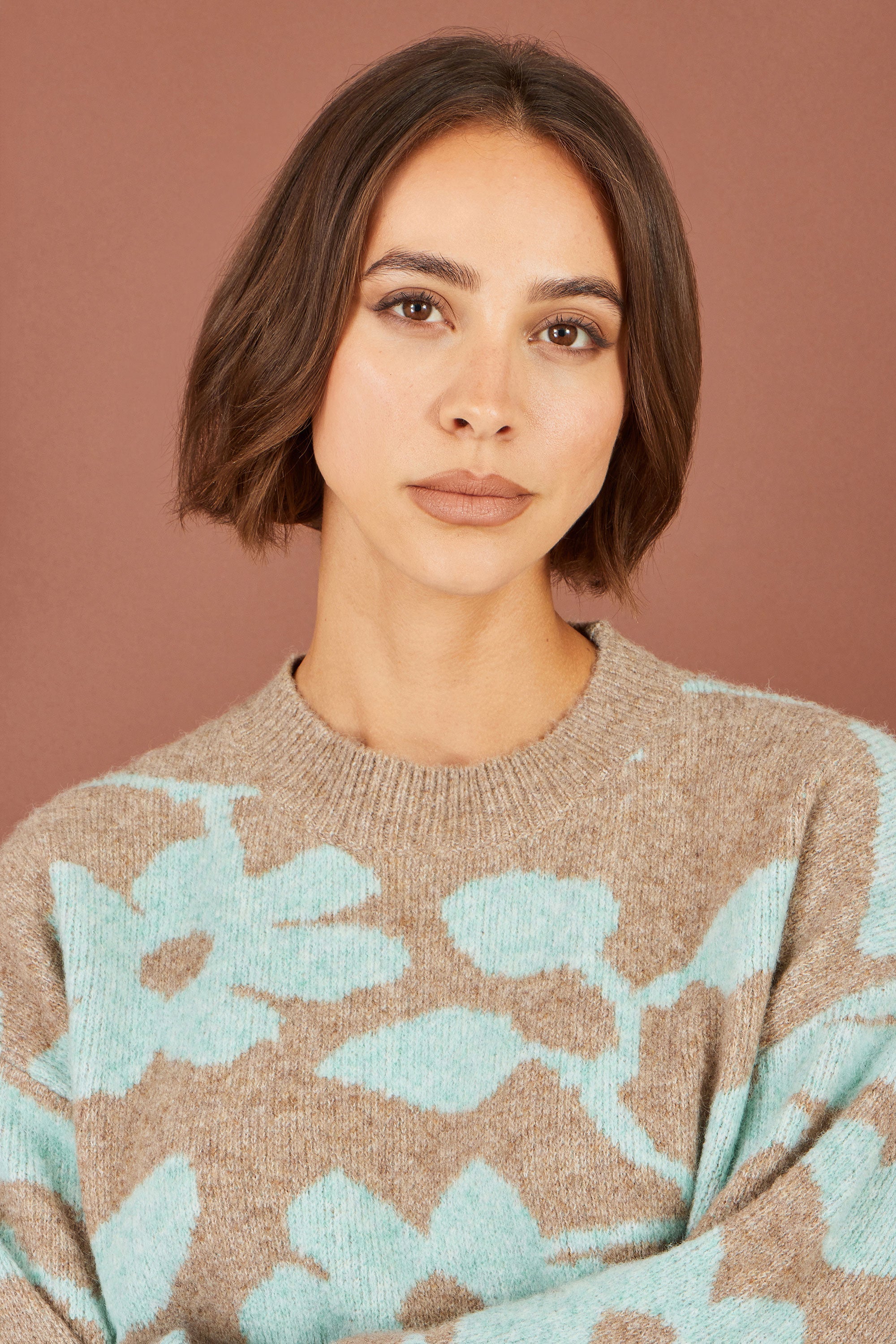 Yumi Brown Floral Intarsia Relaxed Fit Jumper