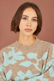 Yumi Brown Floral Intarsia Relaxed Fit Jumper