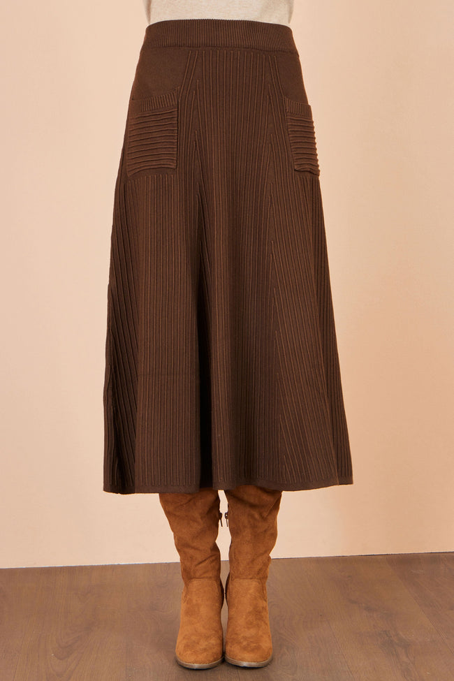 Yumi Brown Knitted Midi Skirt With Pockets