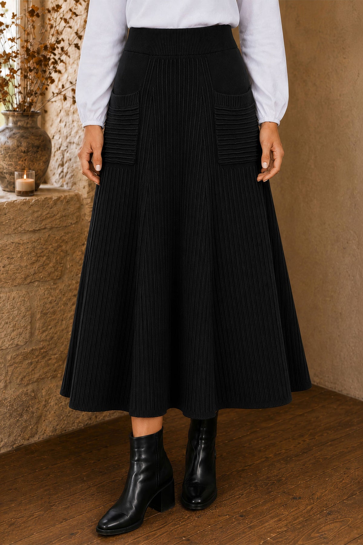 Jupe midi en maille noire avec poches Yumi