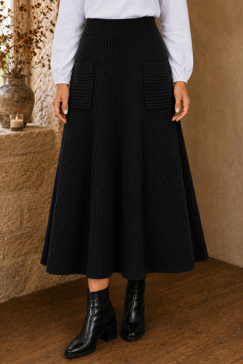 Jupe midi en maille noire avec poches Yumi