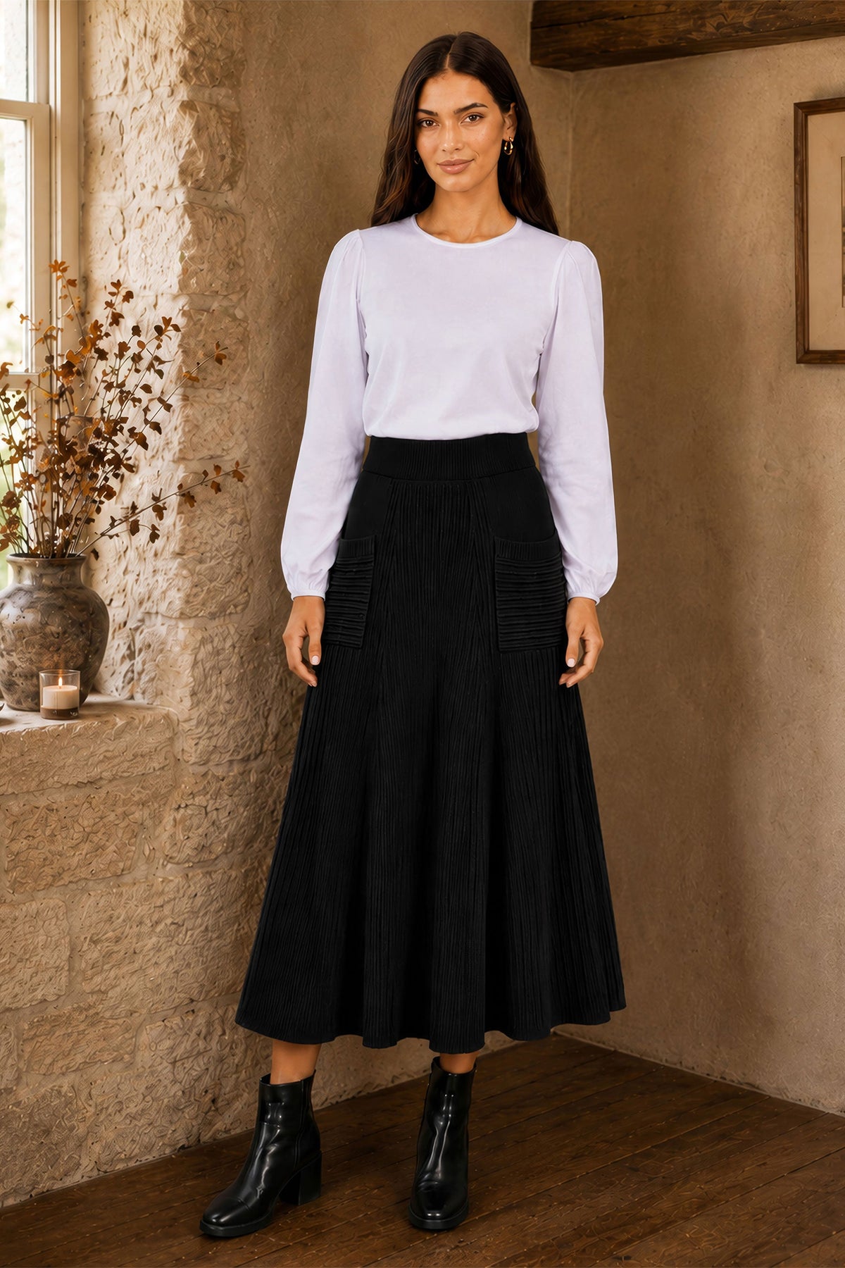 Jupe midi en maille noire avec poches Yumi