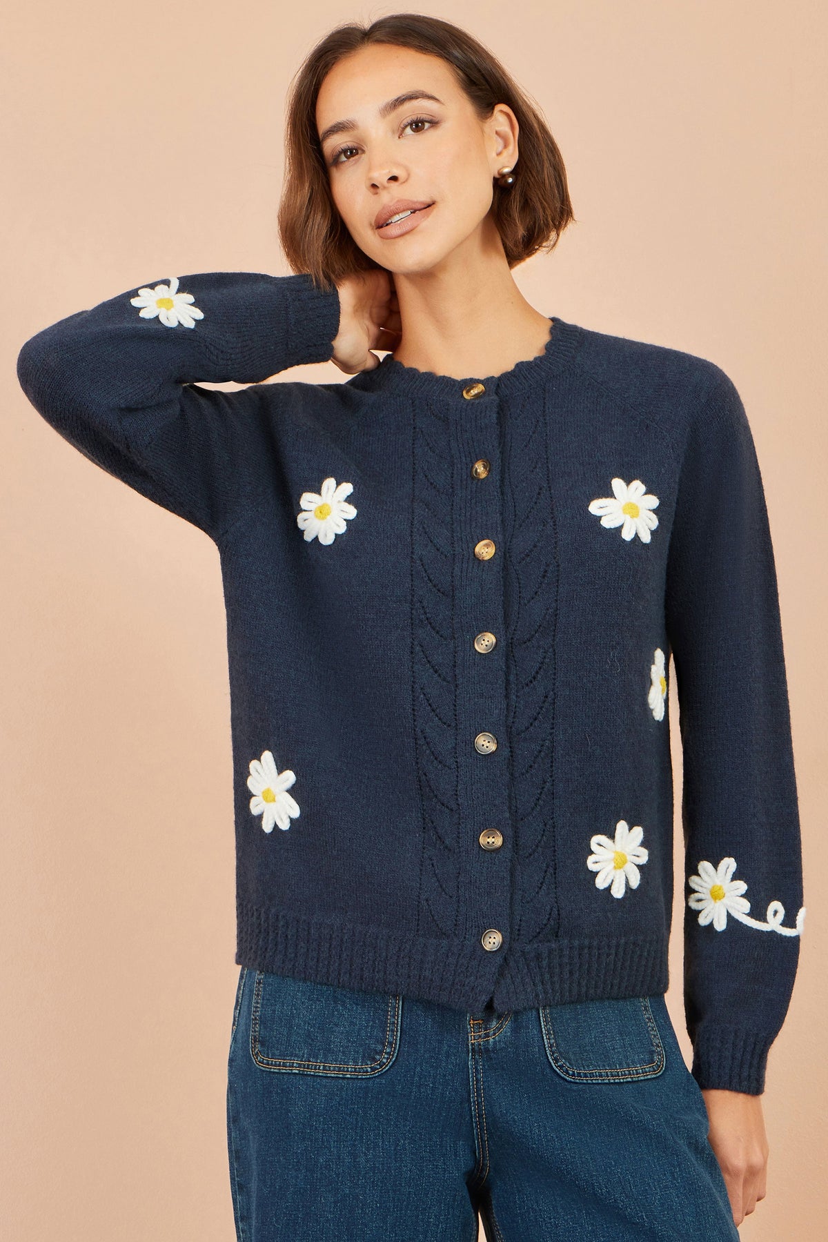 Yumi marineblå Daisy Stitch-cardigan