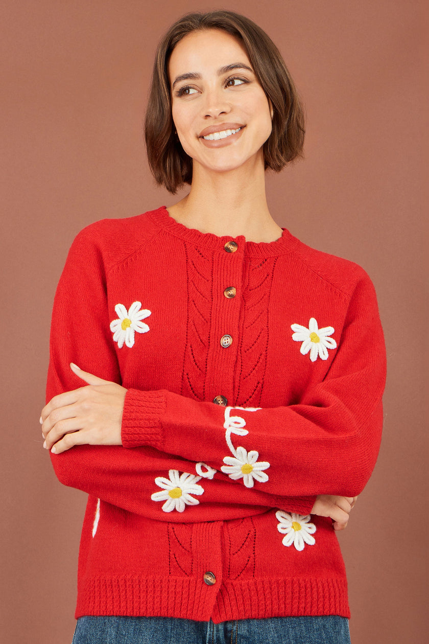Yumi Strickjacke mit rotem Gänseblümchenmuster