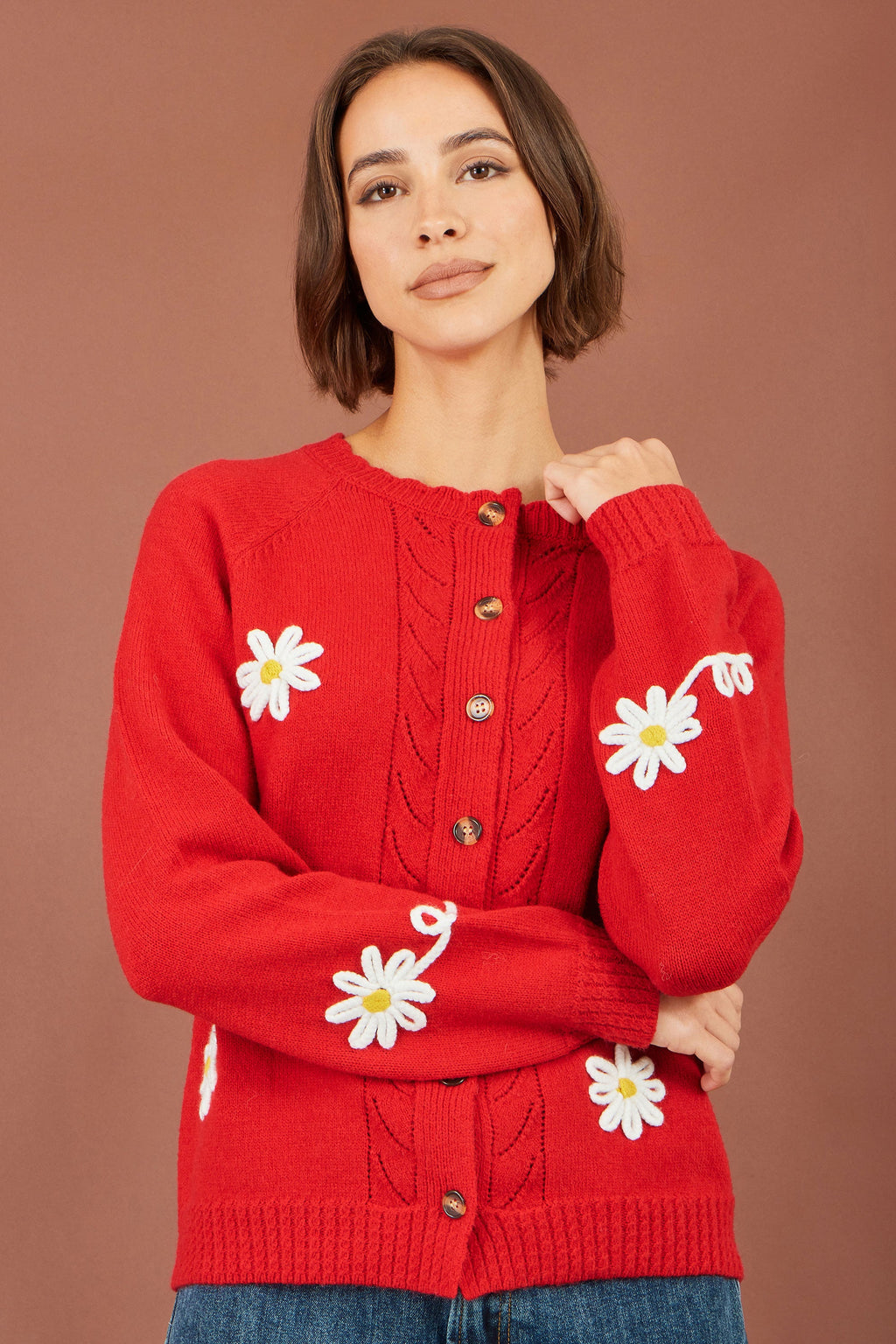 Yumi Red Daisy Stitch Cardigan