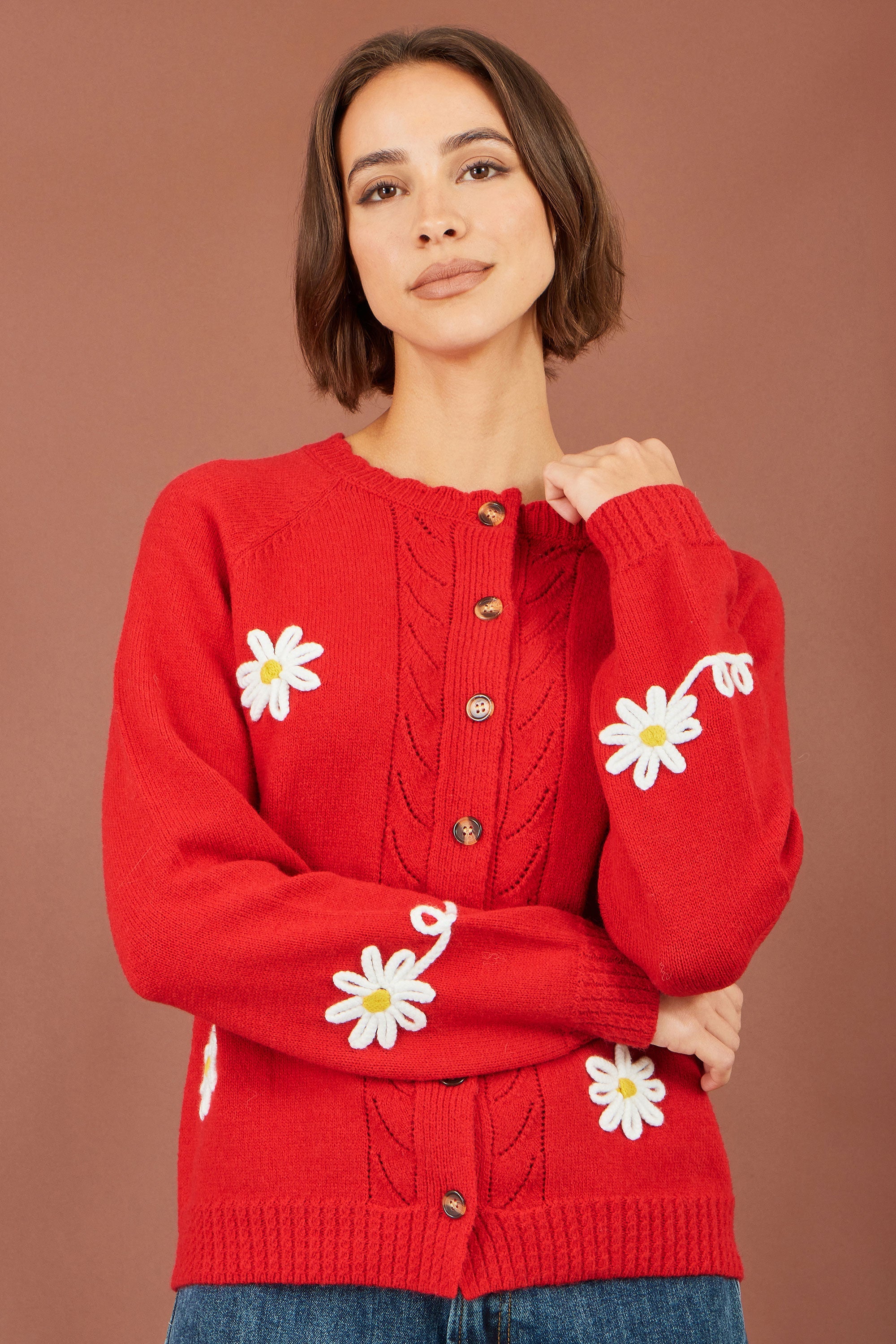 Yumi Red Daisy Stitch Cardigan