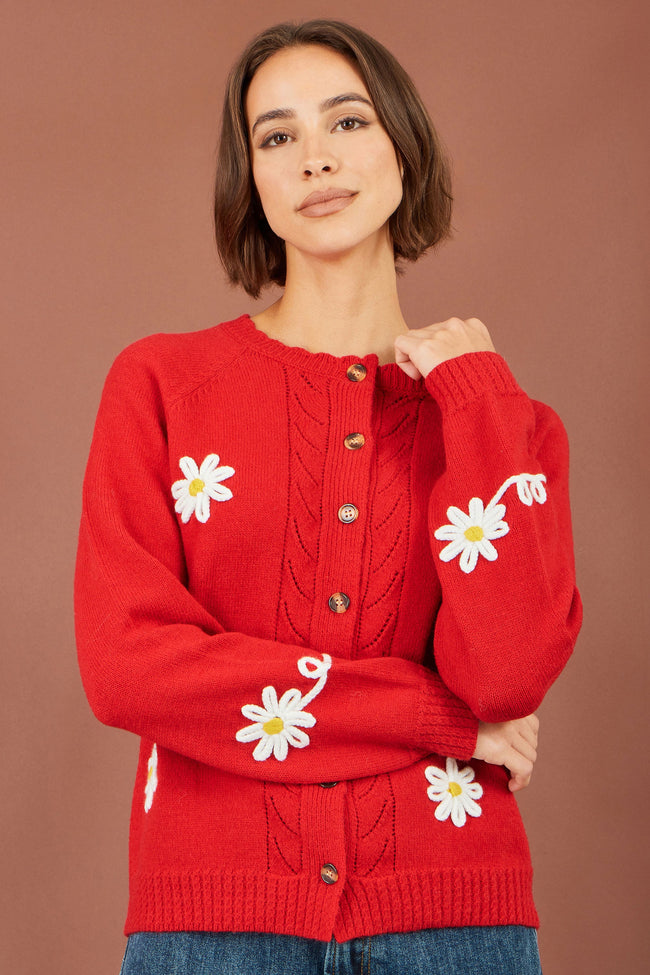 Yumi Red Daisy Stitch Cardigan