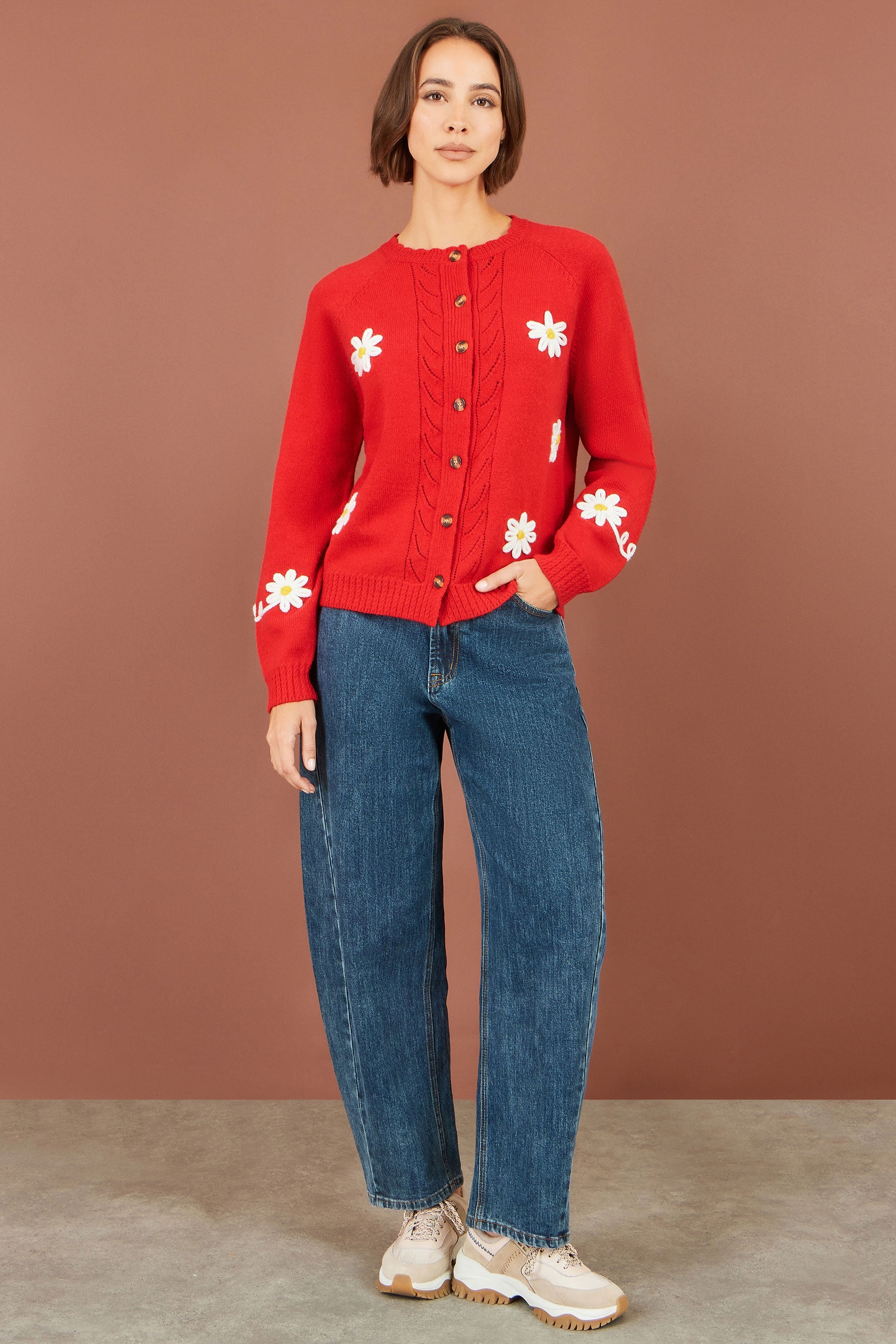 Yumi Red Daisy Stitch Cardigan