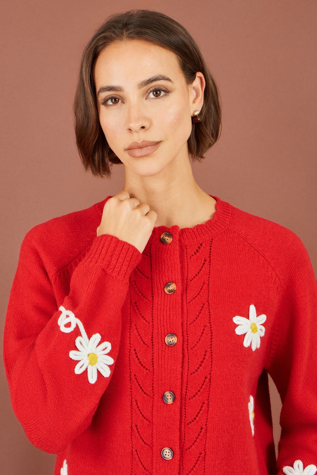 Yumi Red Daisy Stitch Cardigan