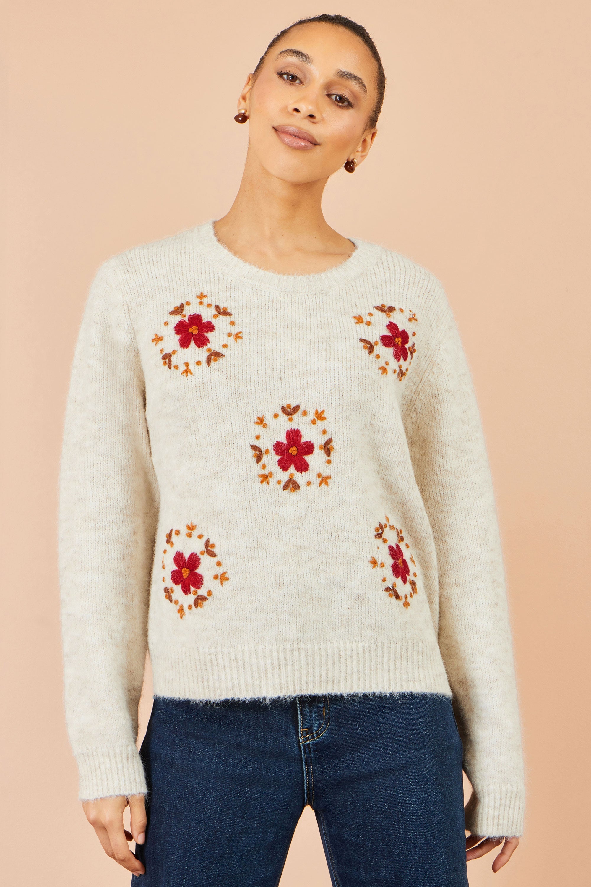 Yumi Ivory Patch Floral Embroidered Relaxed Jumper
