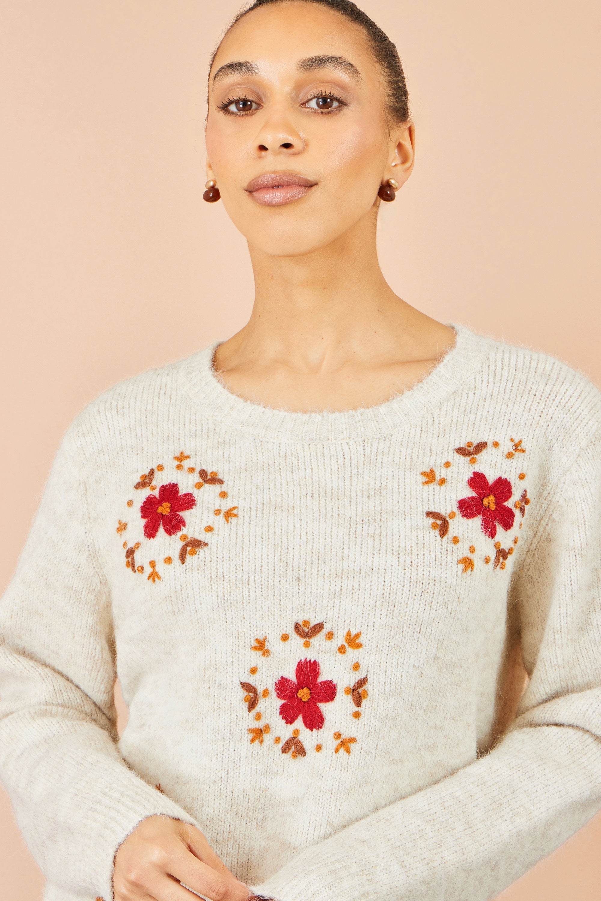 Yumi Ivory Patch Floral Embroidered Relaxed Jumper