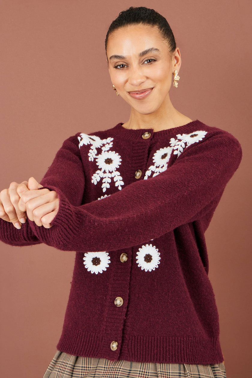 Yumi Burgundy Floral Embroidered Cardigan
