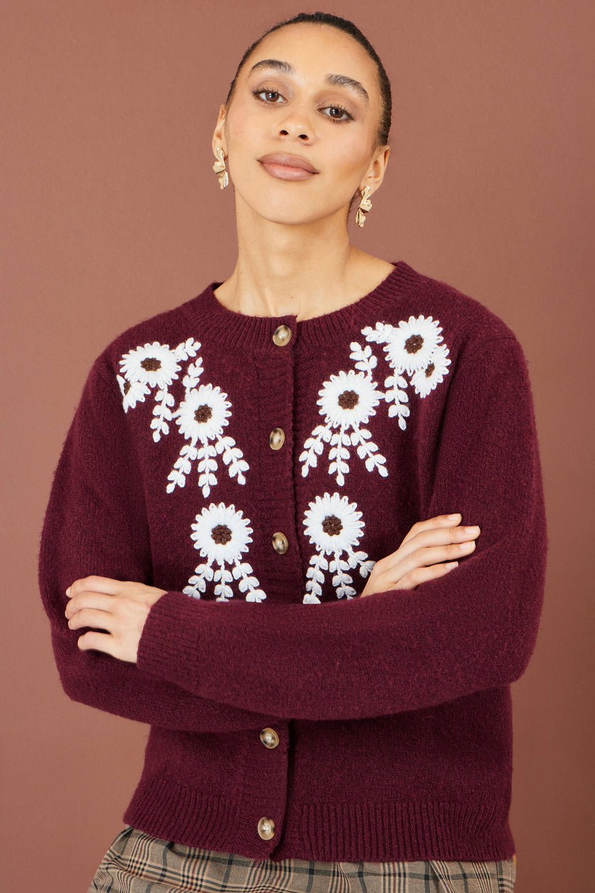 Yumi Burgundy Floral Embroidered Cardigan