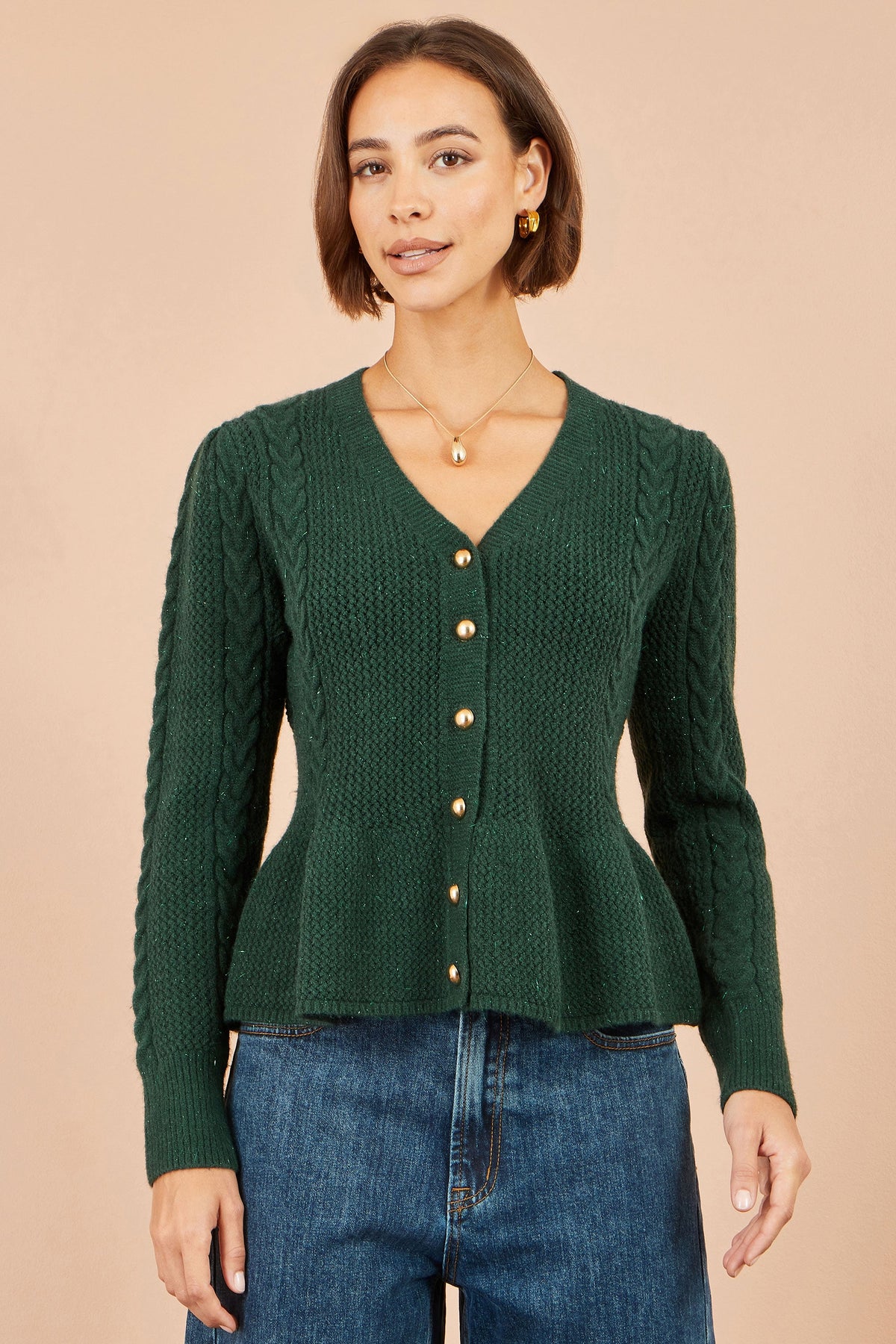 Yumi Green Cable Knit Peplum Cardigan