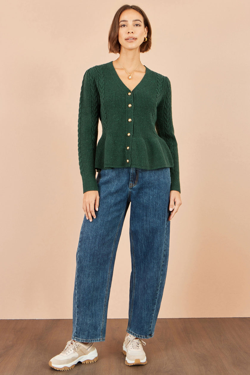 Yumi Green Cable Knit Peplum Cardigan