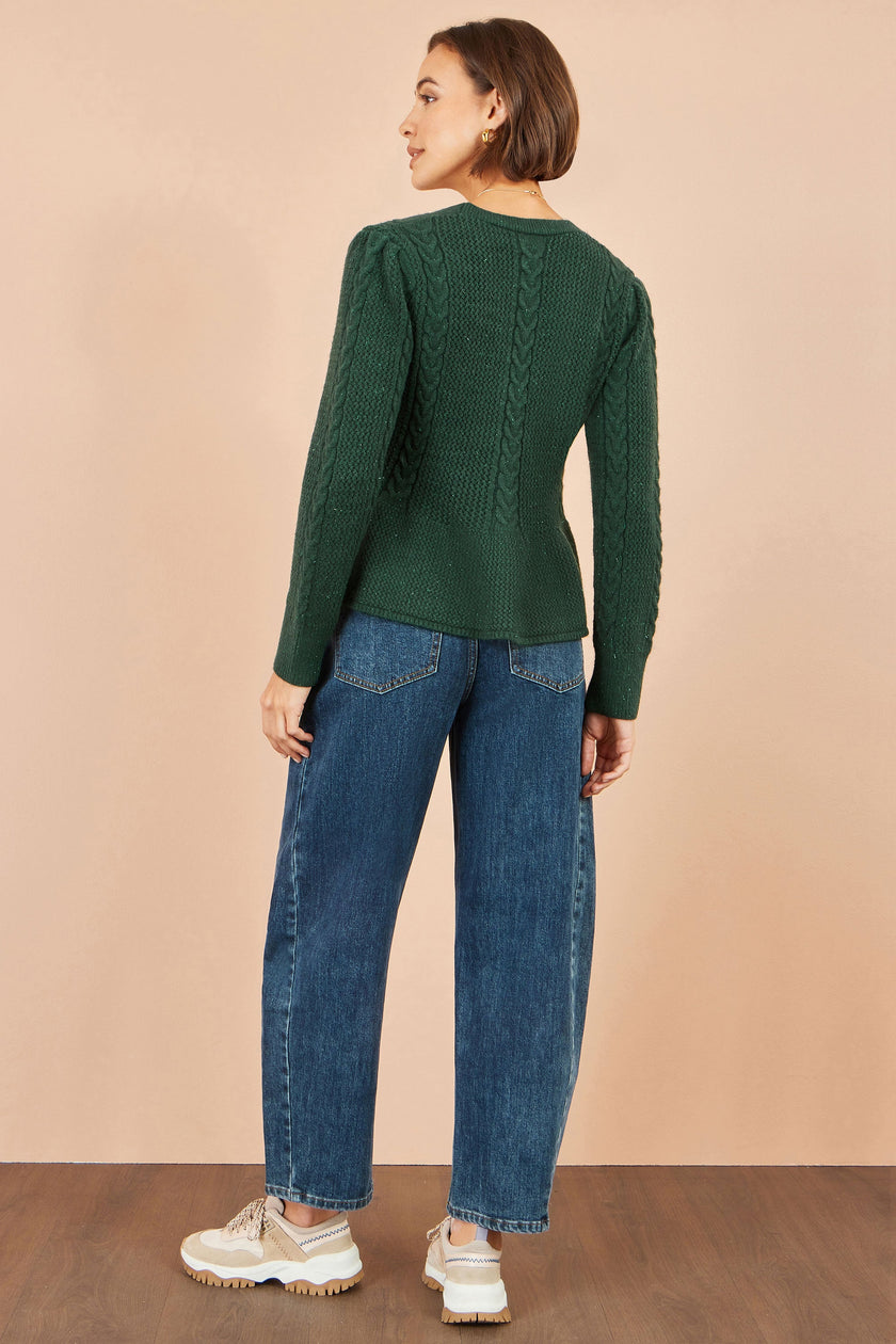 Yumi Green Cable Knit Peplum Cardigan