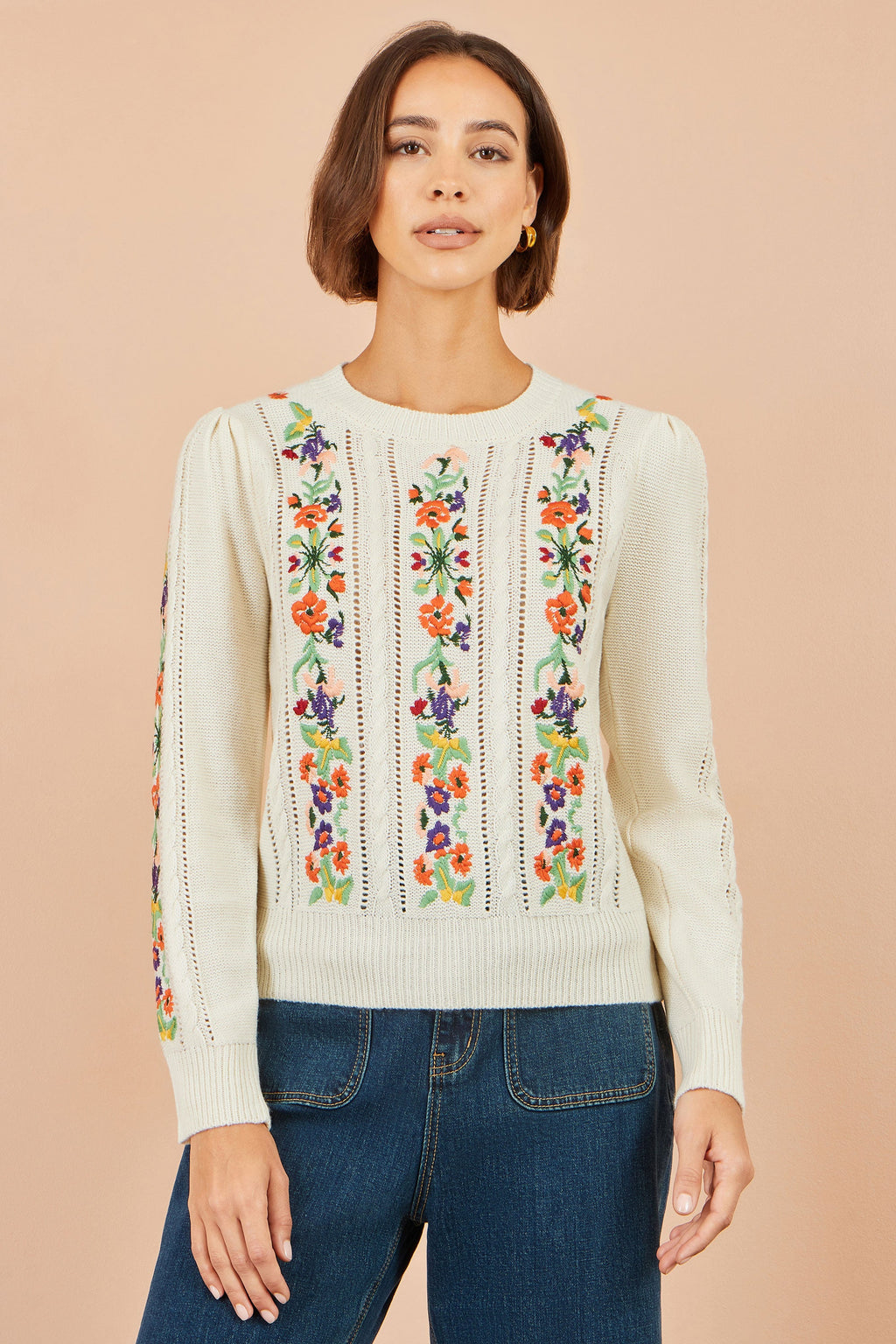 Yumi Ivory Floral Embroidery Cable Jumper