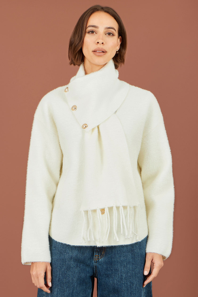 Yumi Ivory Eyelash Knit Jacket With Scarf
