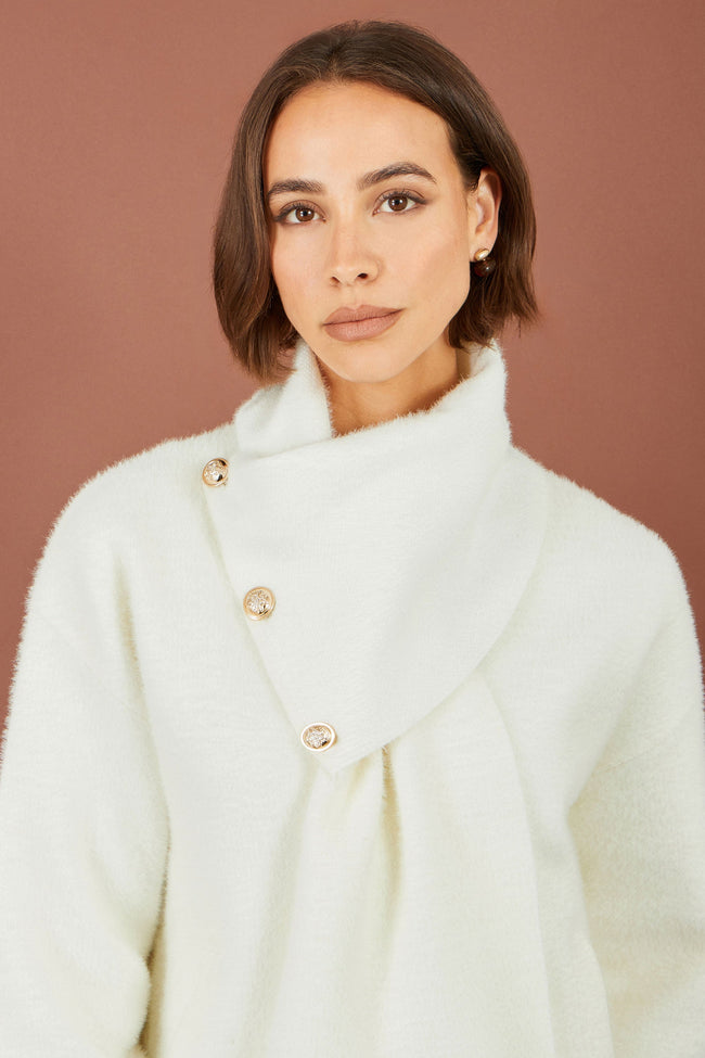 Yumi Ivory Eyelash Knit Jacket With Scarf