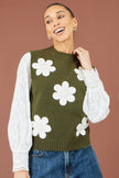 Camiseta de punto sin mangas con aplique de flor verde de Yumi