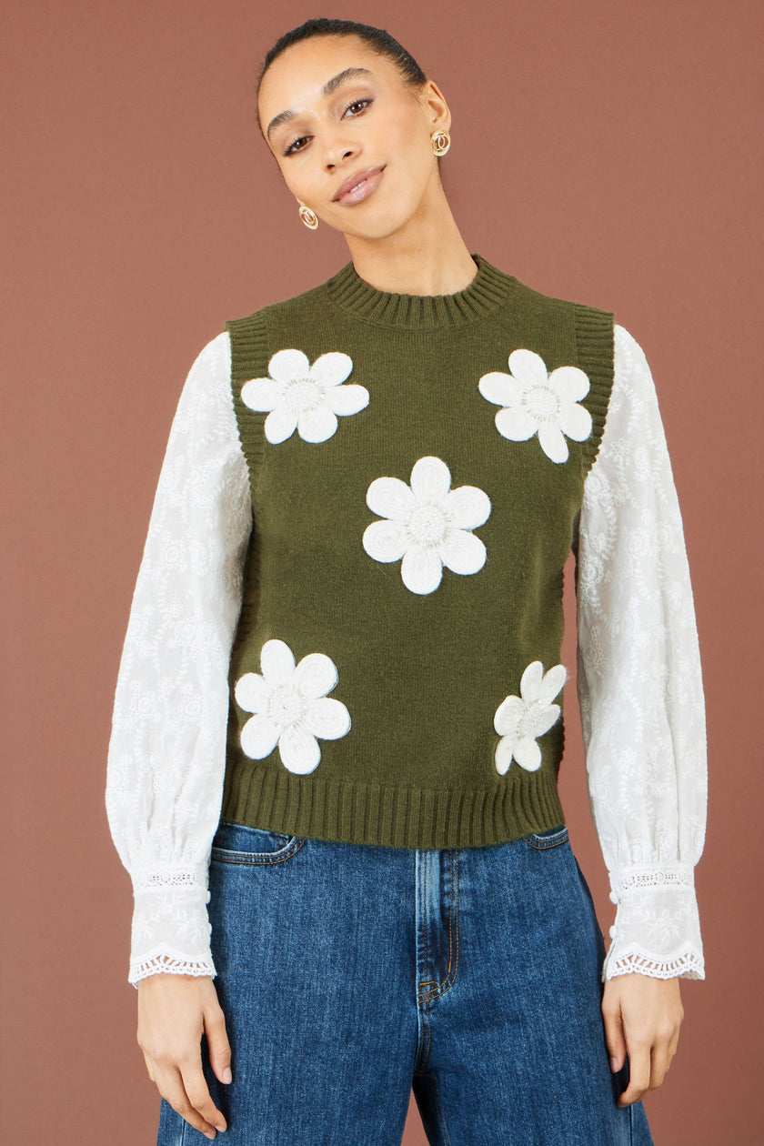 Camiseta de punto sin mangas con aplique de flor verde de Yumi