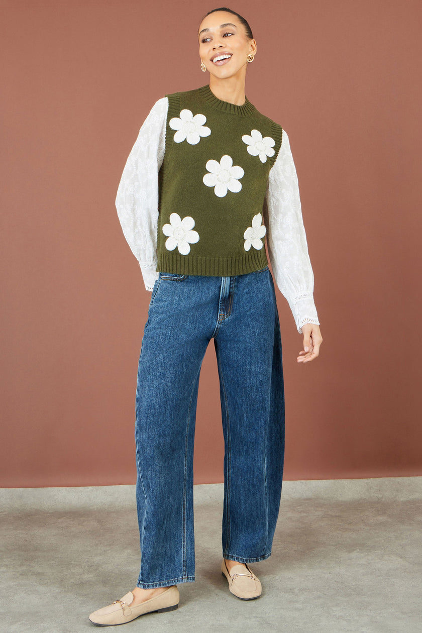 Camiseta de punto sin mangas con aplique de flor verde de Yumi