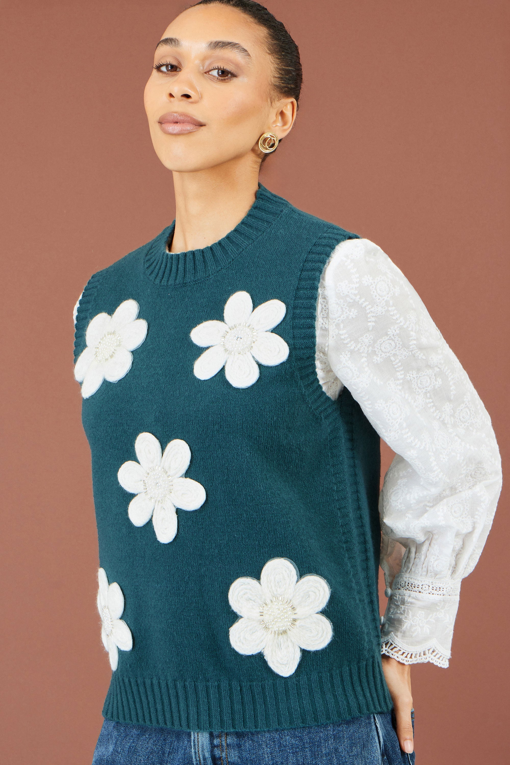 Yumi Teal Flower Appliqué Knit Tank
