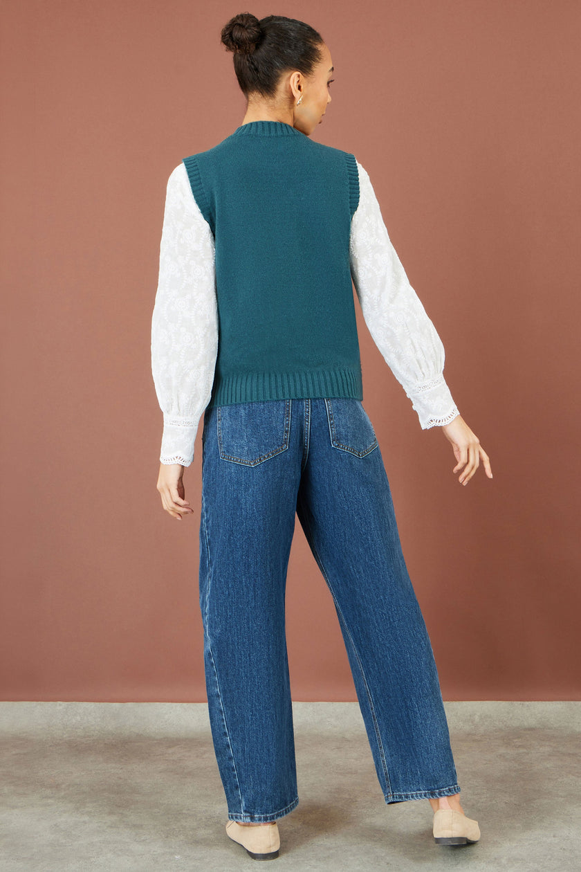 Yumi Teal Flower Appliqué Knit Tank