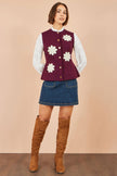 Yumi Burgundy Flower Applique Knit Waistcoat