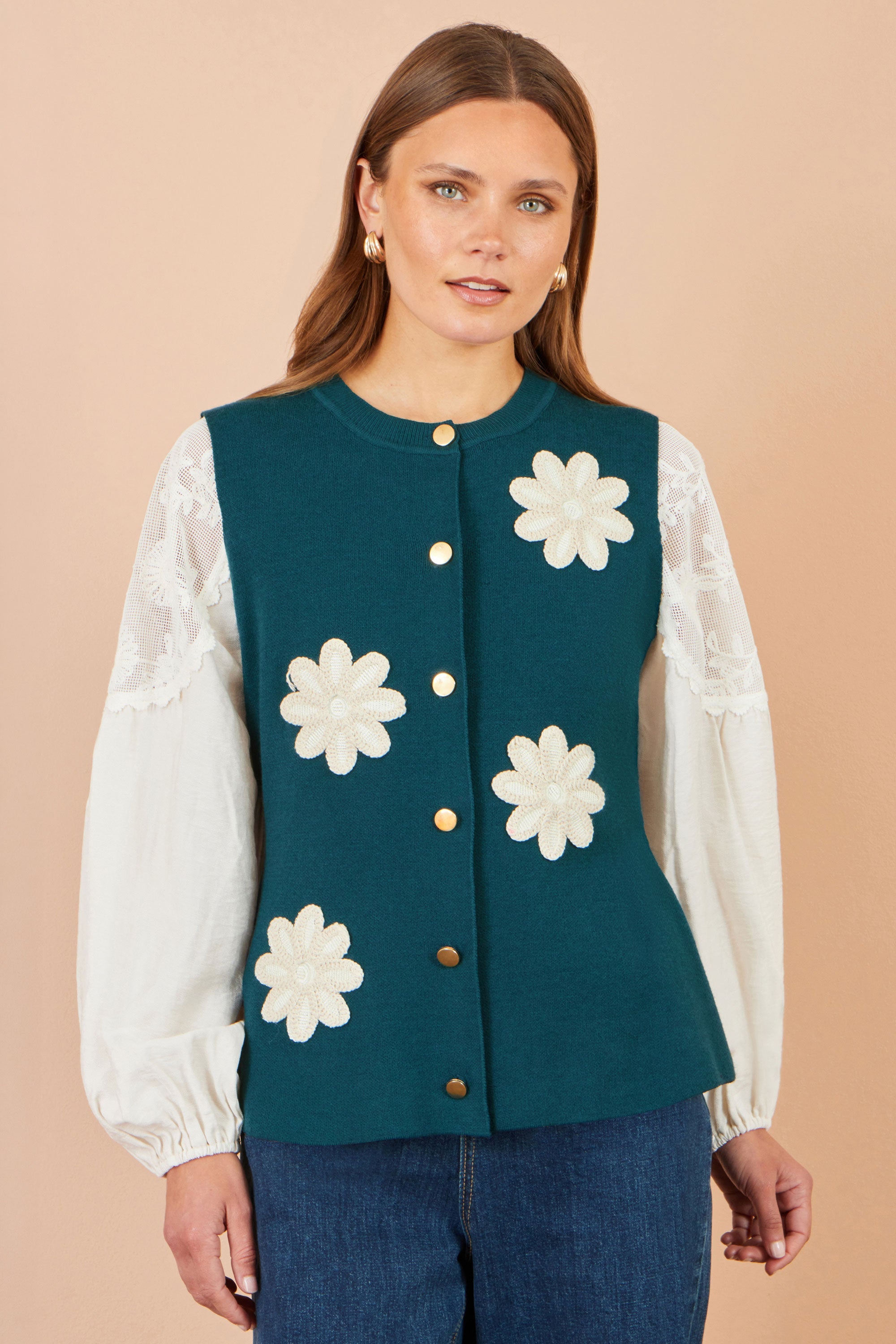 Yumi Teal Flower Applique Knit Waistcoat