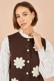 Yumi Brown Flower Applique Knit Waistcoat